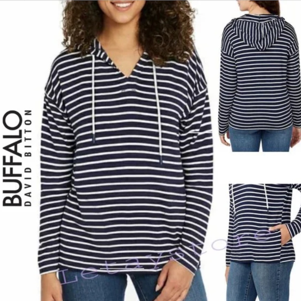 Navy + White stripe hoodie w/2 side pockets & drawstring hood